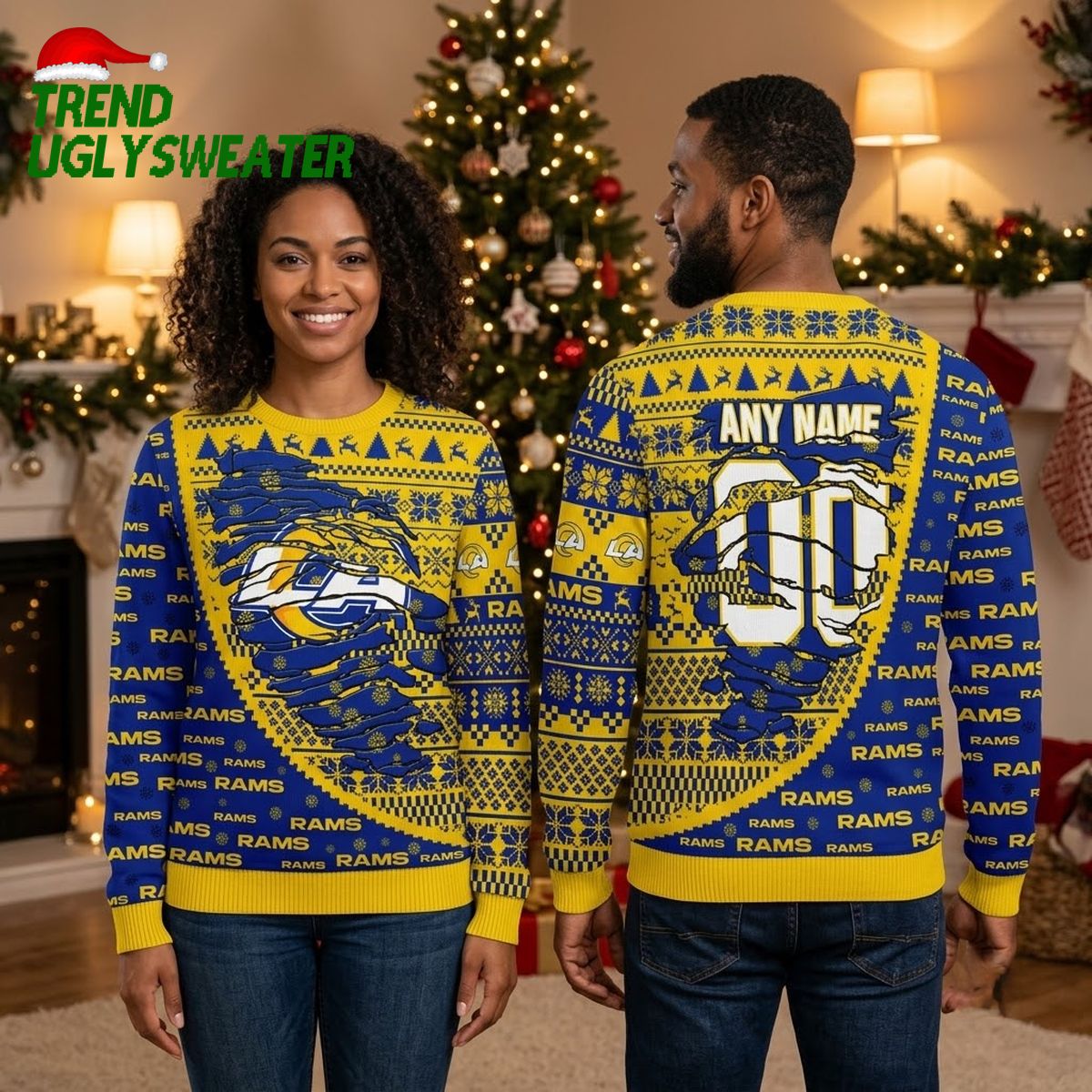 personalized los angeles rams torn logo custom name ugly christmas sweater personalized los angeles rams torn logo custom name ugly christmas sweater