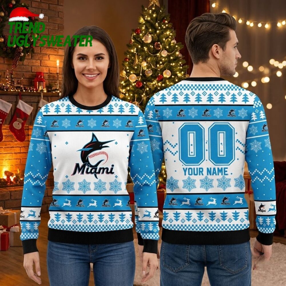 personalized miami marlins logo snowflake pattern custom name and number ugly christmas sw