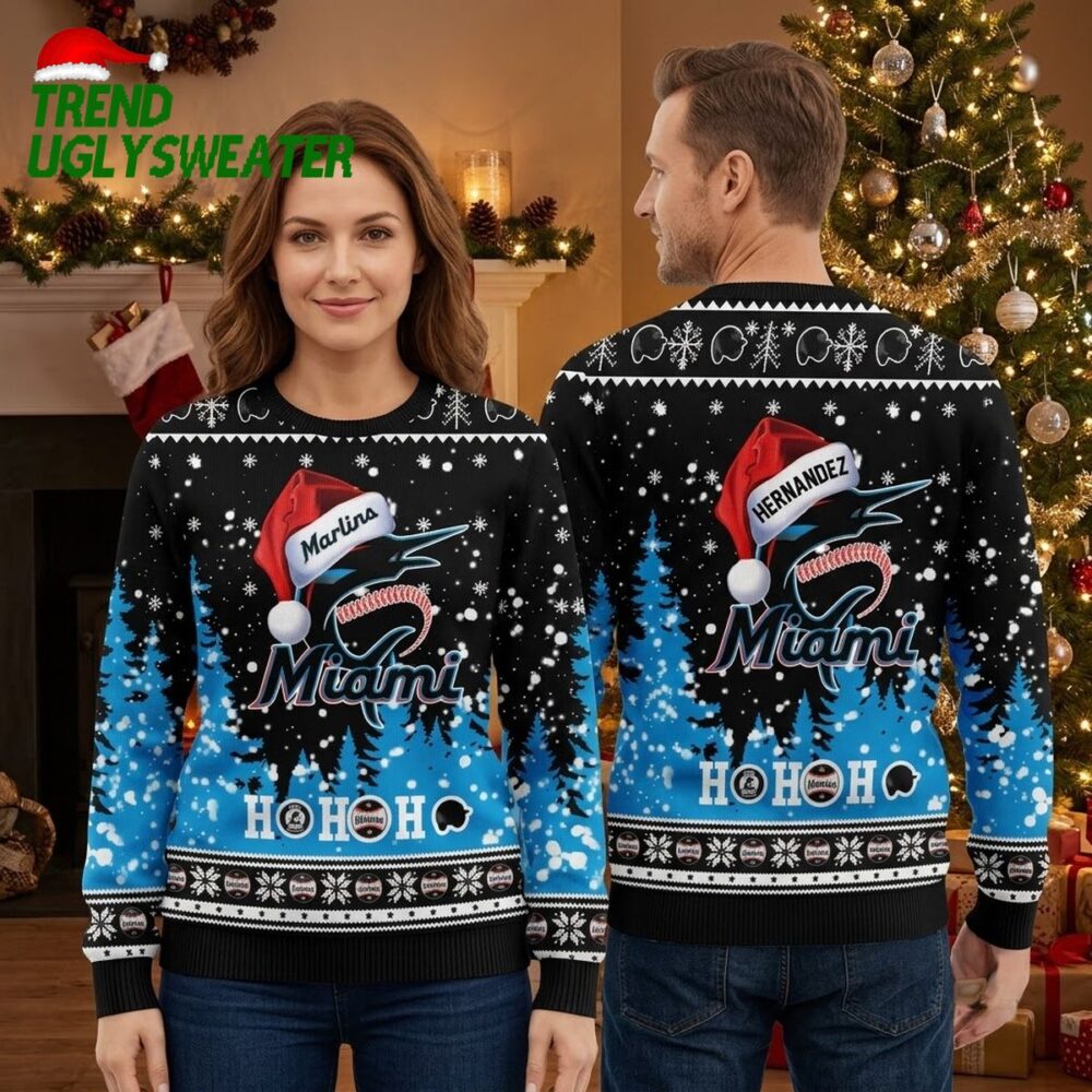 personalized miami marlins santa hat logo ugly christmas sweater