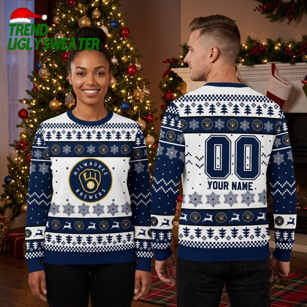 personalized milwaukee brewers snowflake custom name and number ugly christmas sweater