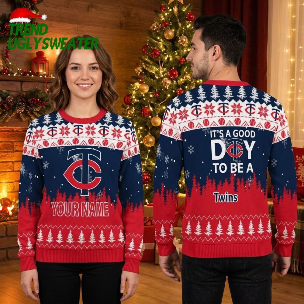 personalized minnesota twins snowy trees custom name ugly christmas sweater