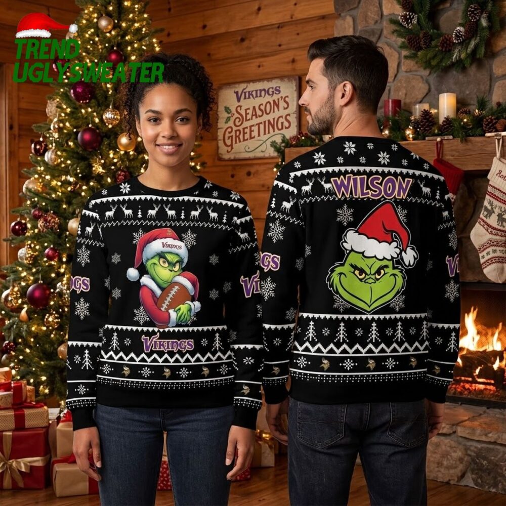 personalized minnesota vikings grinch football custom name ugly christmas sweater
