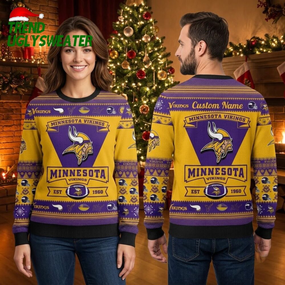 personalized minnesota vikings helmet pattern custom name ugly christmas sweater