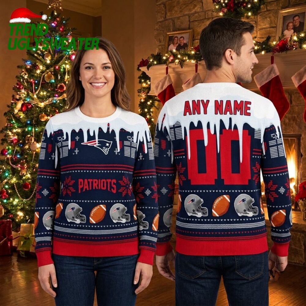 personalized new england patriots custom name football helmet ugly christmas sweater