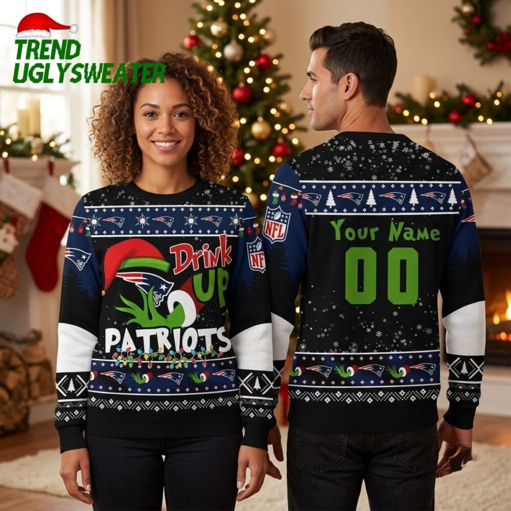 personalized new england patriots grinch drink up custom name and number ugly christmas sw