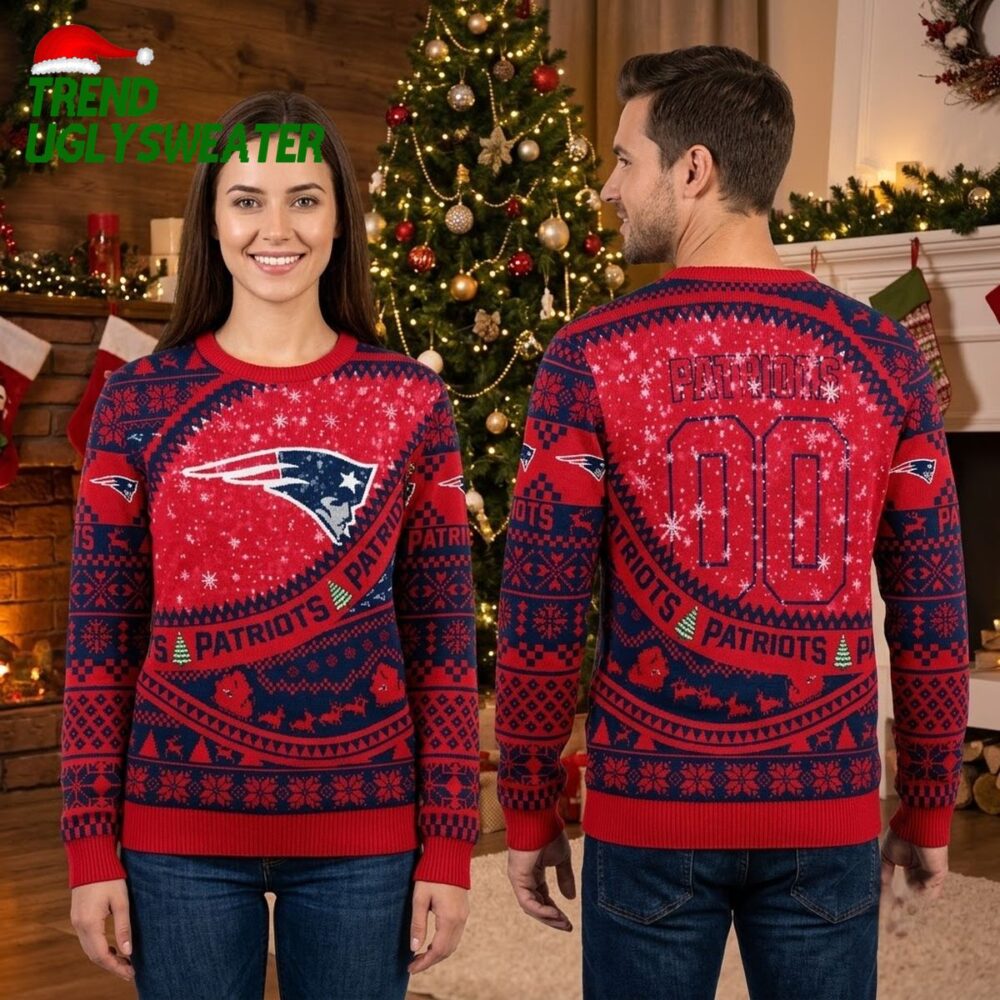 personalized new england patriots logo custom name and number ugly christmas sweater