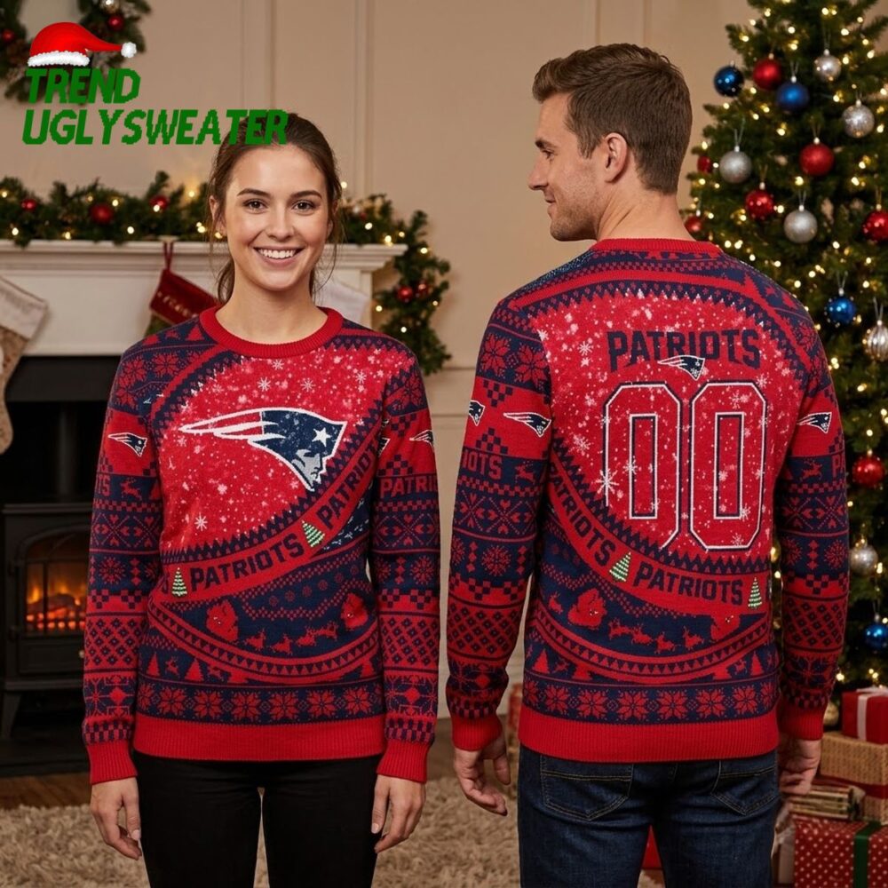 personalized new england patriots logo custom number ugly christmas sweater