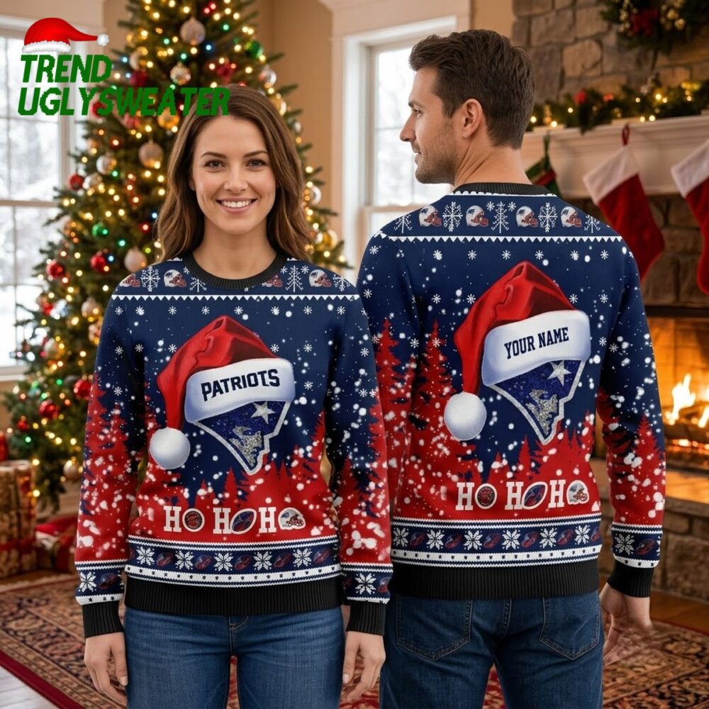 personalized new england patriots santa hat logo custom name ugly christmas sweater