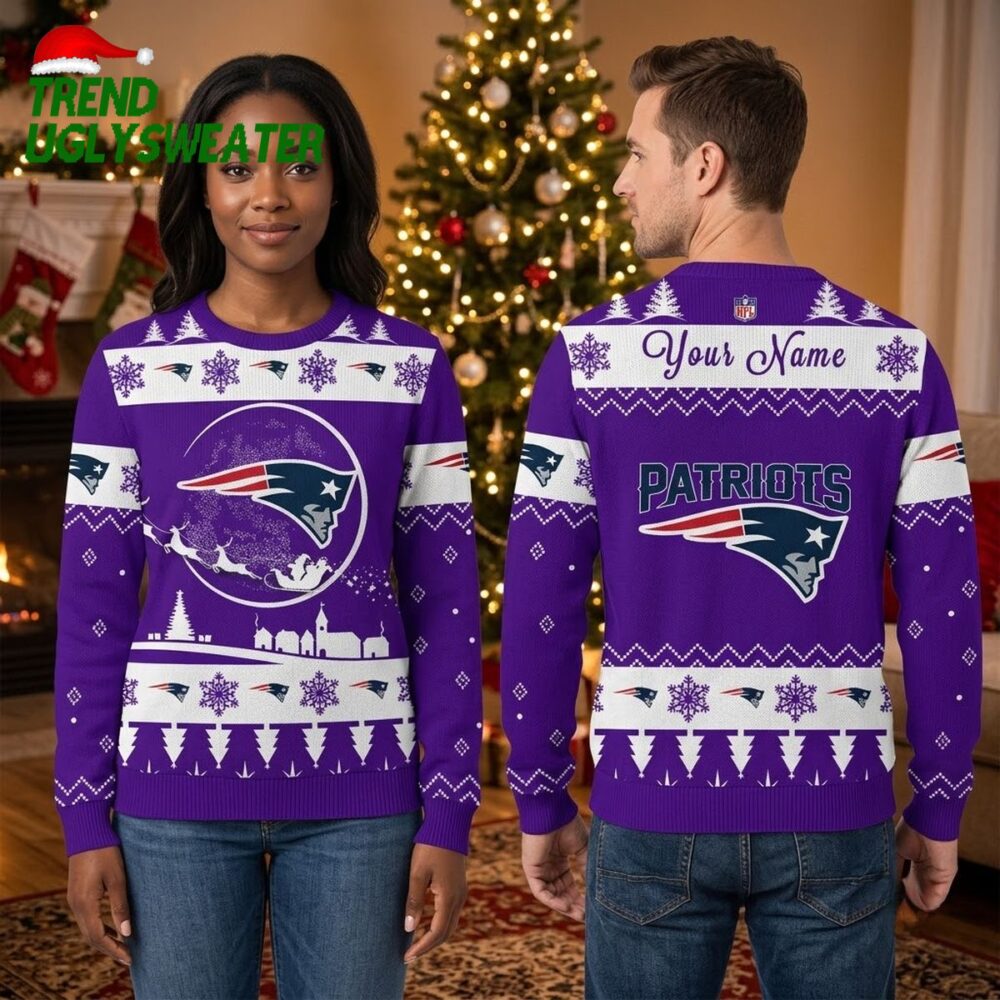 personalized new england patriots santa sleigh custom name ugly christmas sweater
