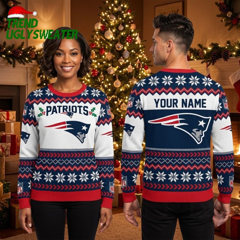 personalized new england patriots snowflake logo ugly christmas sweater