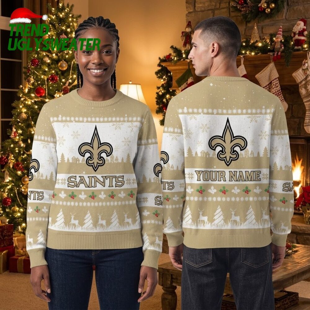 personalized new orleans saints fleur de lis custom name beige ugly christmas sweater