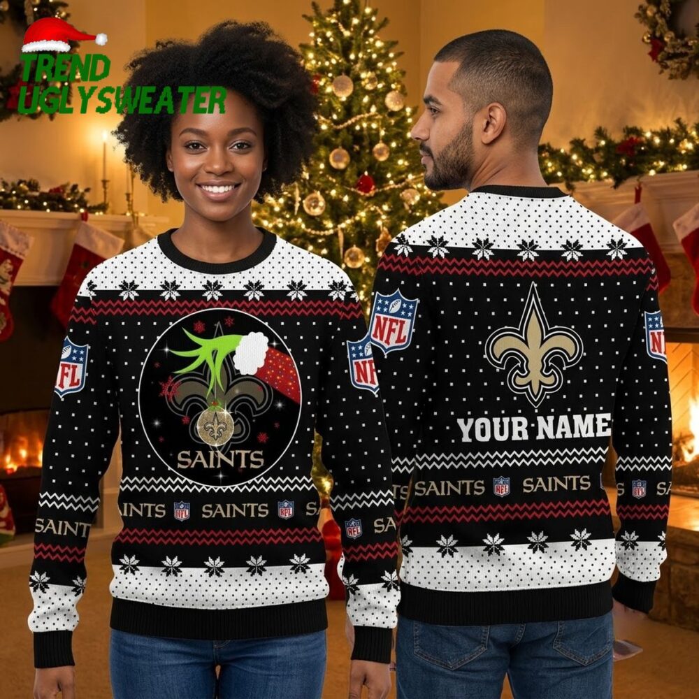personalized new orleans saints fleur de lis custom name fan gift ugly christmas sweater