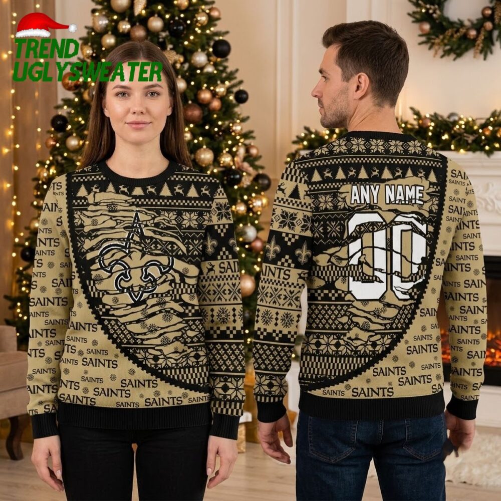 personalized new orleans saints fleur de lis custom name gift ugly christmas sweater