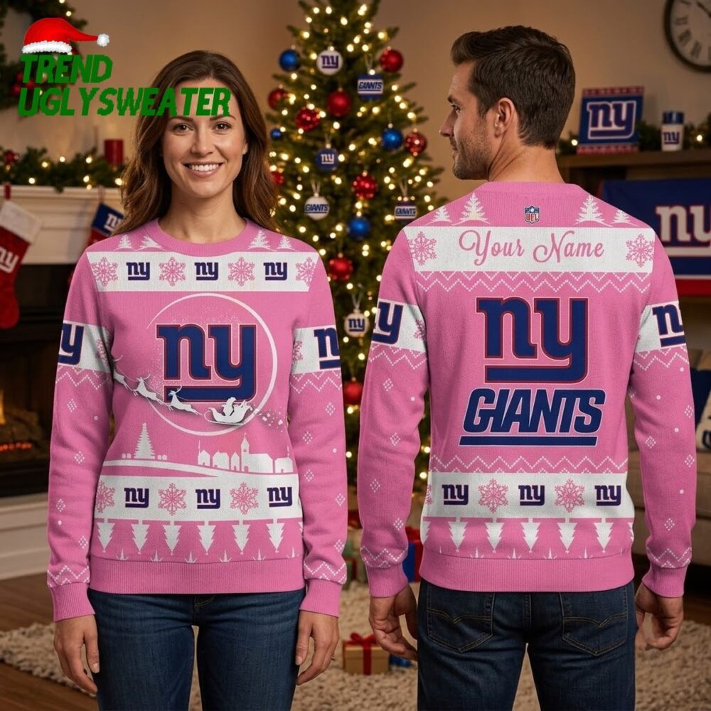 personalized new york giants pink reindeer sleigh with custom name ugly christmas sweater