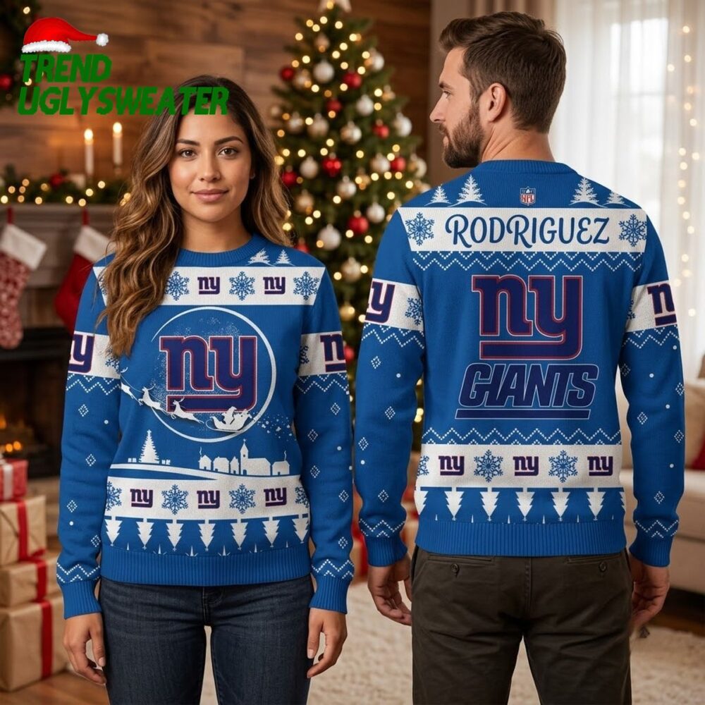 personalized new york giants santa sleigh custom name ugly christmas sweater