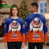 Personalized New York Islanders Snowy Village And Sleigh Custom Name Ugly Christmas Sweater 2 personalized new york islanders snowy village and sleigh custom name ugly christmas sweate