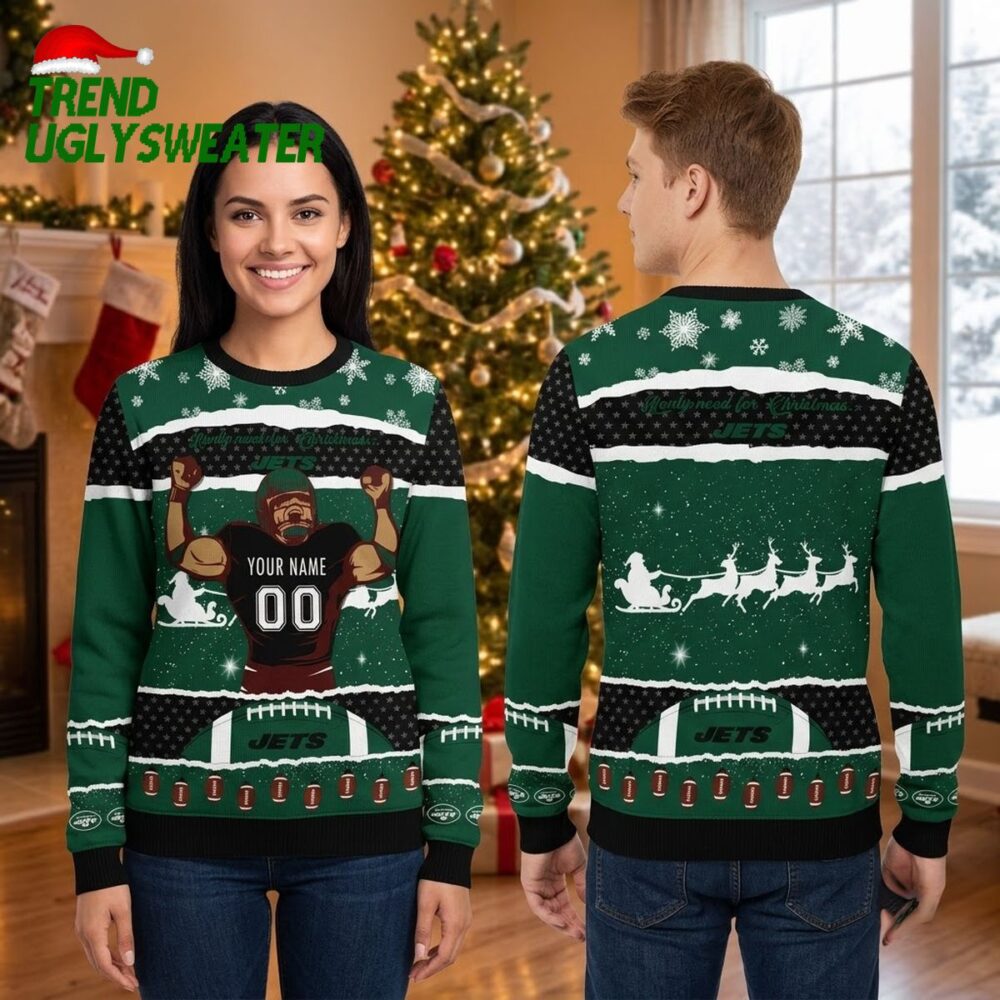 personalized new york jets football player custom name and number ugly christmas sweater