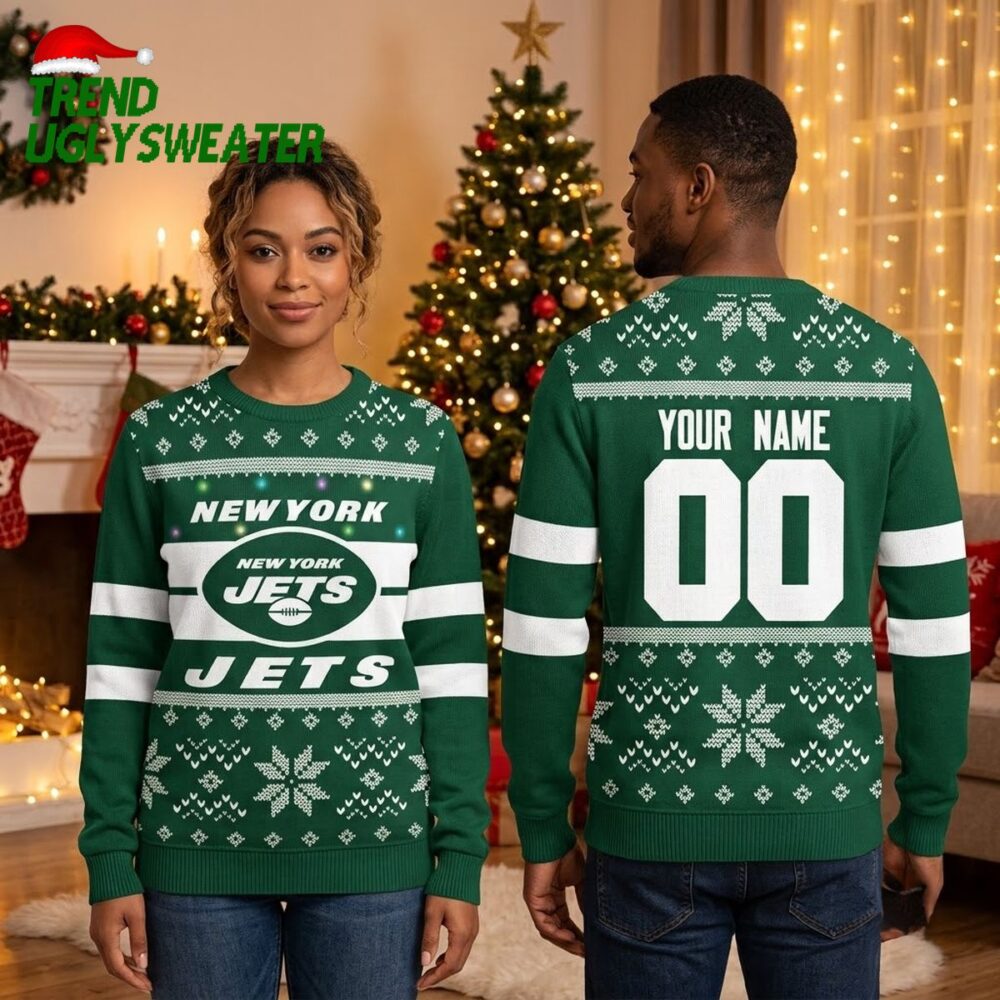 personalized new york jets snowflake custom name and number ugly christmas sweater