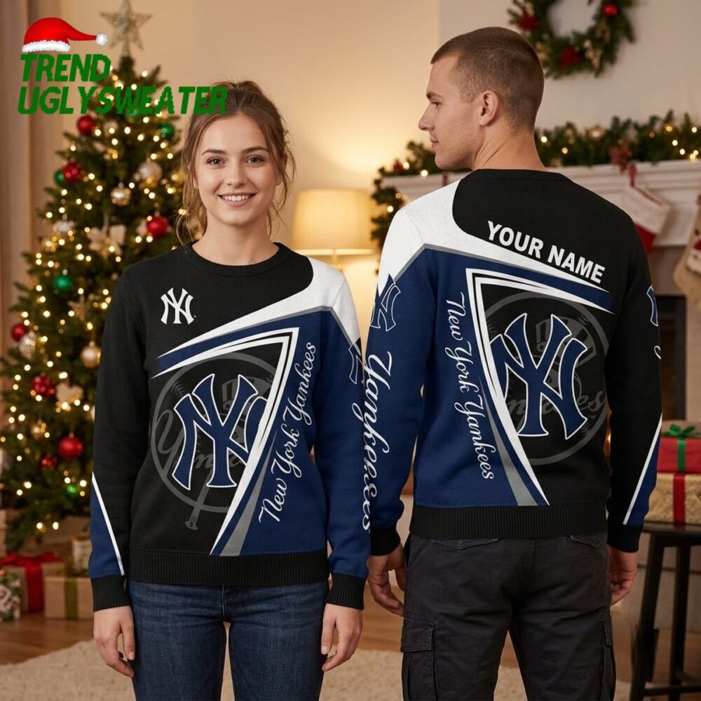personalized new york yankees logo custom name ugly christmas sweater