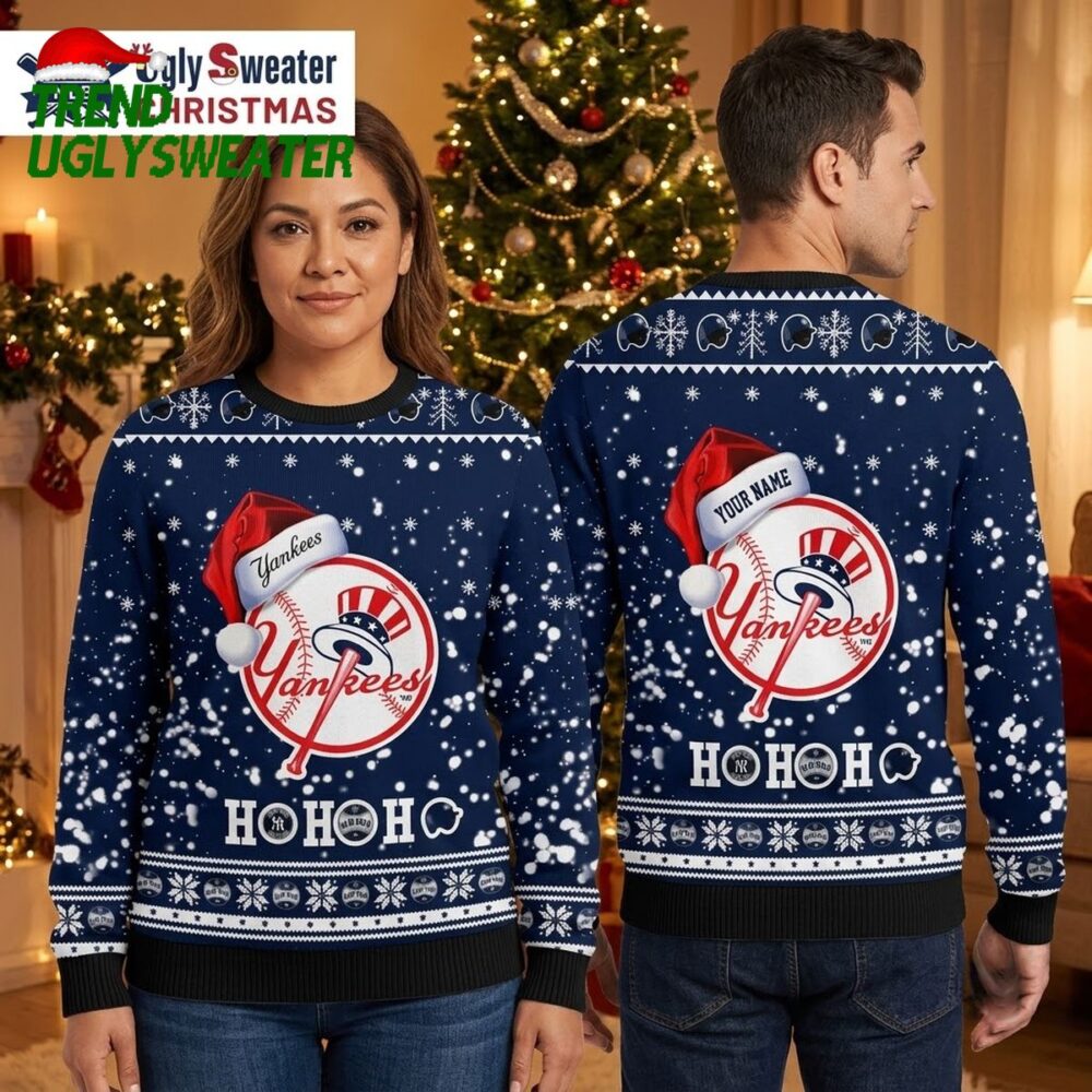 personalized new york yankees santa hat baseball logo ugly christmas sweater