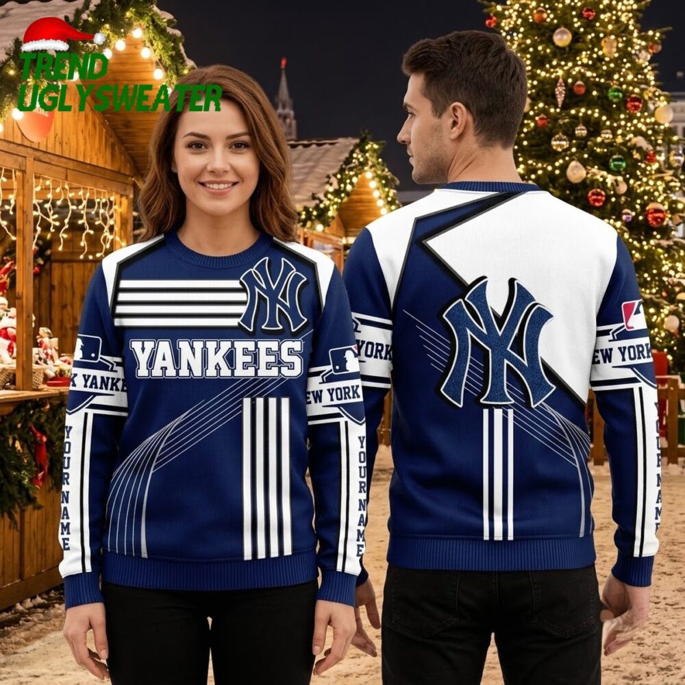 personalized new york yankees striped logo custom name ugly christmas sweater