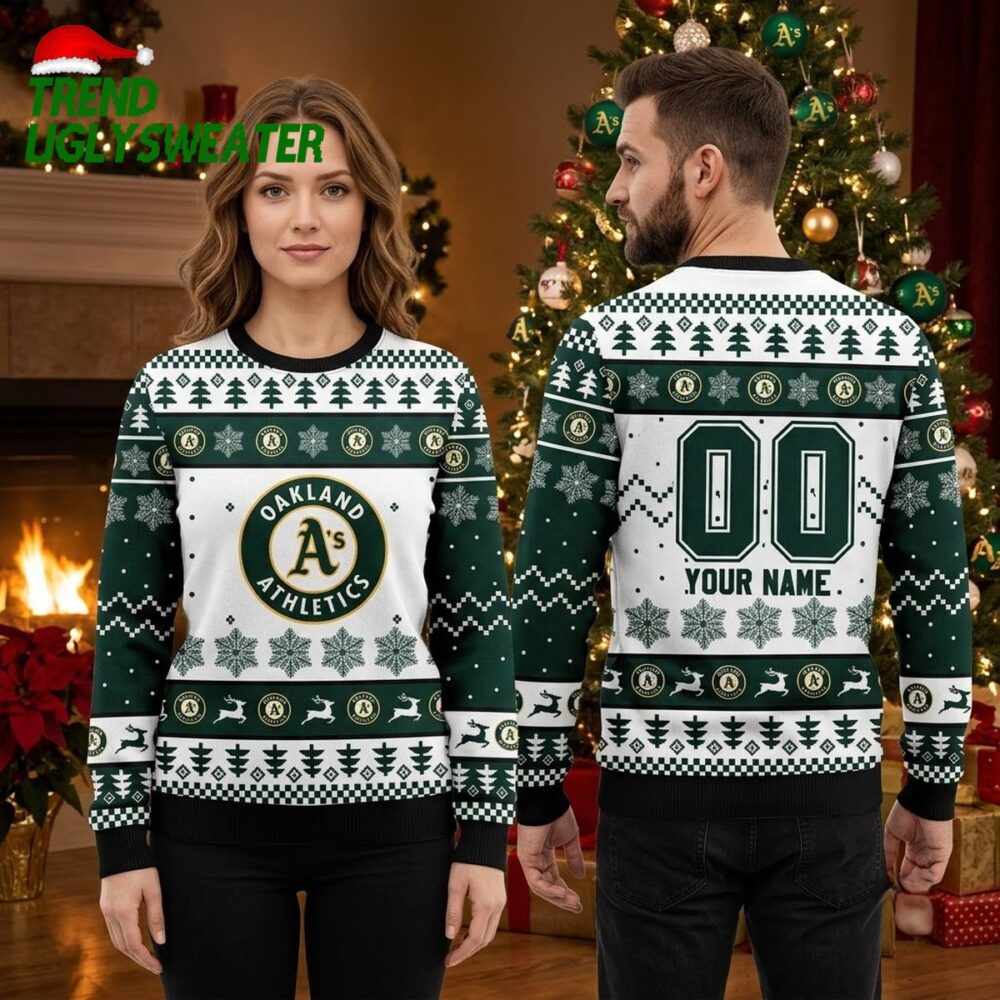 personalized oakland athletics logo custom name and number ugly christmas sweater