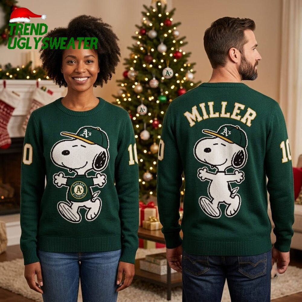 personalized oakland athletics snoopy baseball player custom name and number ugly christma