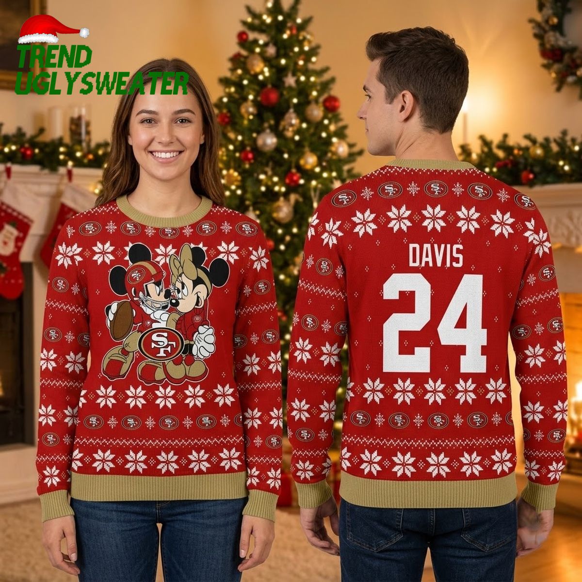 personalized san francisco 49ers mickey and minnie custom name and number ugly christmas s personalized san francisco 49ers mickey and minnie custom name and number ugly christmas s