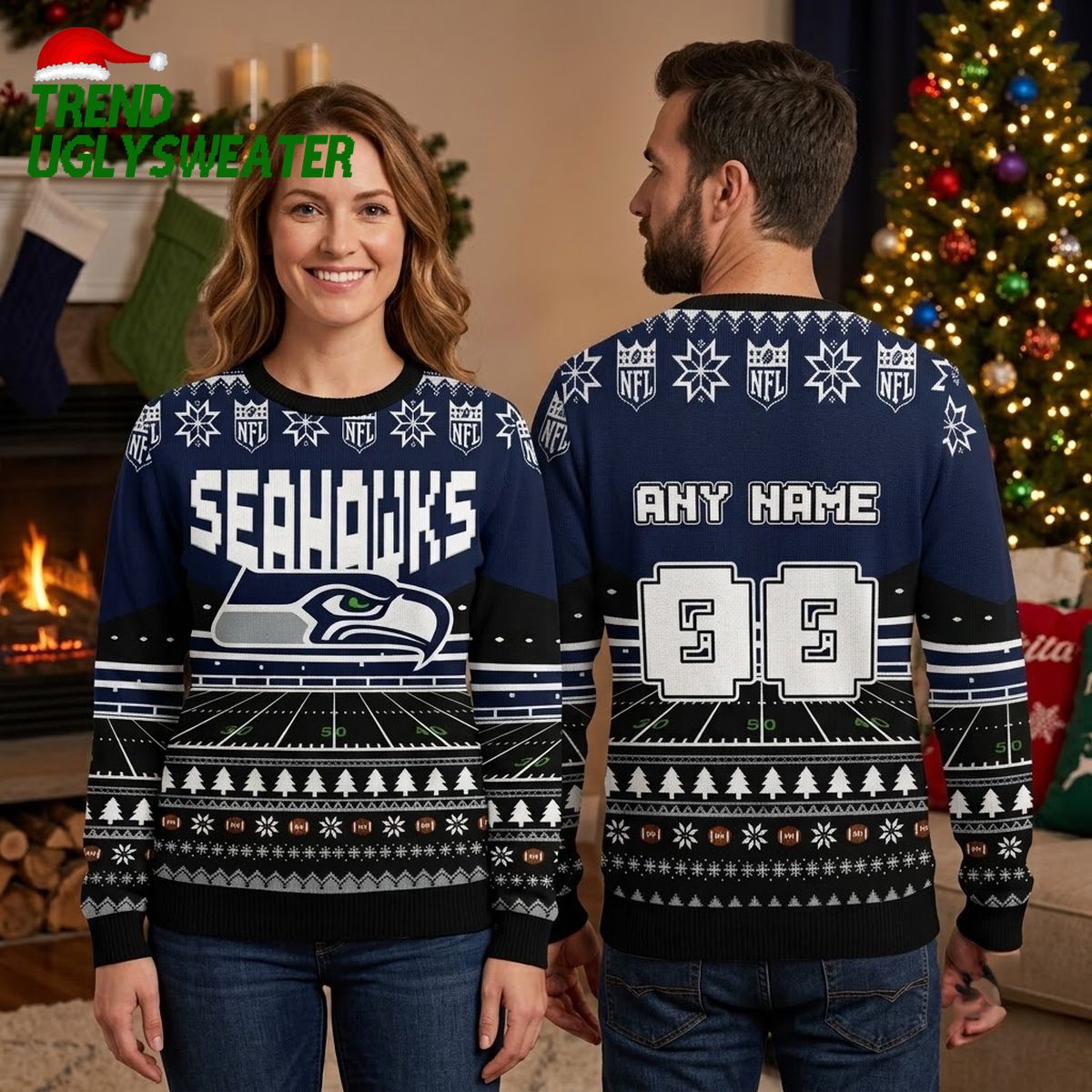 personalized seattle seahawks football field custom name and number ugly christmas sweater personalized seattle seahawks football field custom name and number ugly christmas sweater