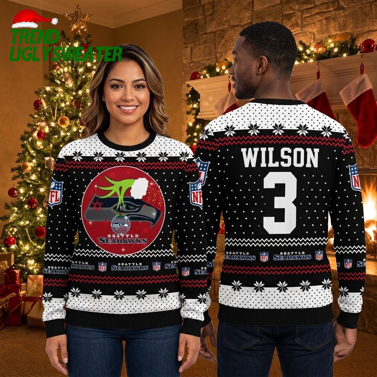 personalized seattle seahawks grinch hand santa hat custom name ugly christmas sweater personalized seattle seahawks grinch hand santa hat custom name ugly christmas sweater