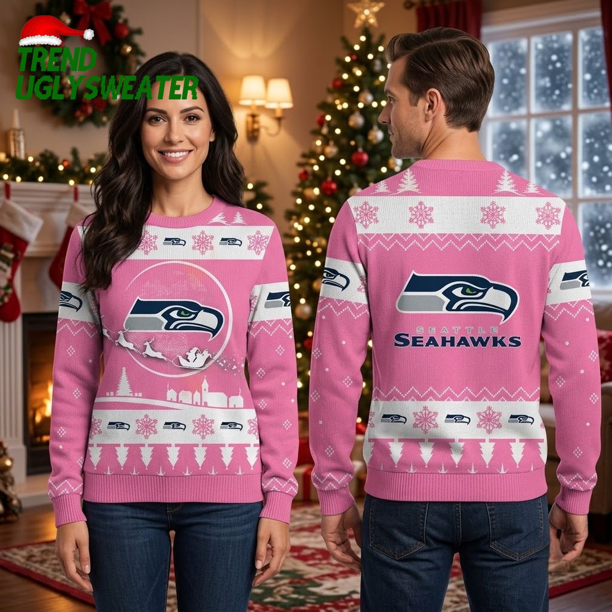 personalized seattle seahawks santa sleigh custom name ugly christmas sweater personalized seattle seahawks santa sleigh custom name ugly christmas sweater