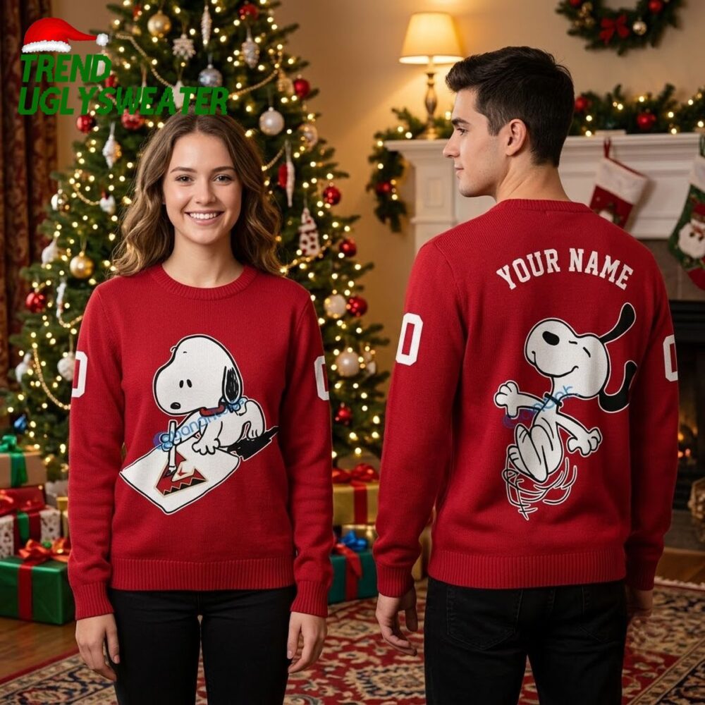 personalized snoopy baseball player custom name and number red ugly christmas sweater