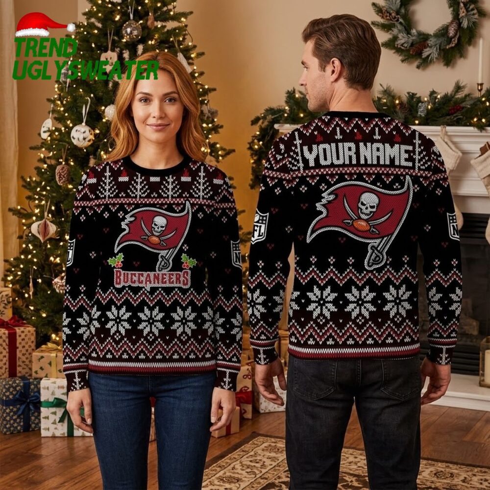 personalized tampa bay buccaneers skull pirate flag custom name ugly christmas sweater