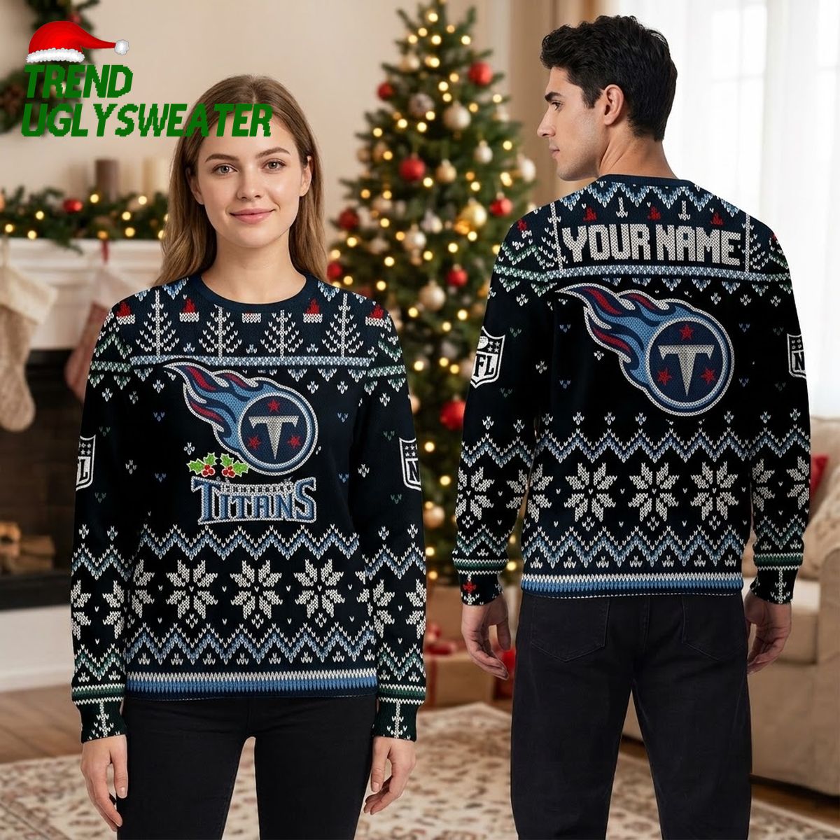 personalized tennessee titans logo snowflake pattern custom name ugly christmas sweater personalized tennessee titans logo snowflake pattern custom name ugly christmas sweater