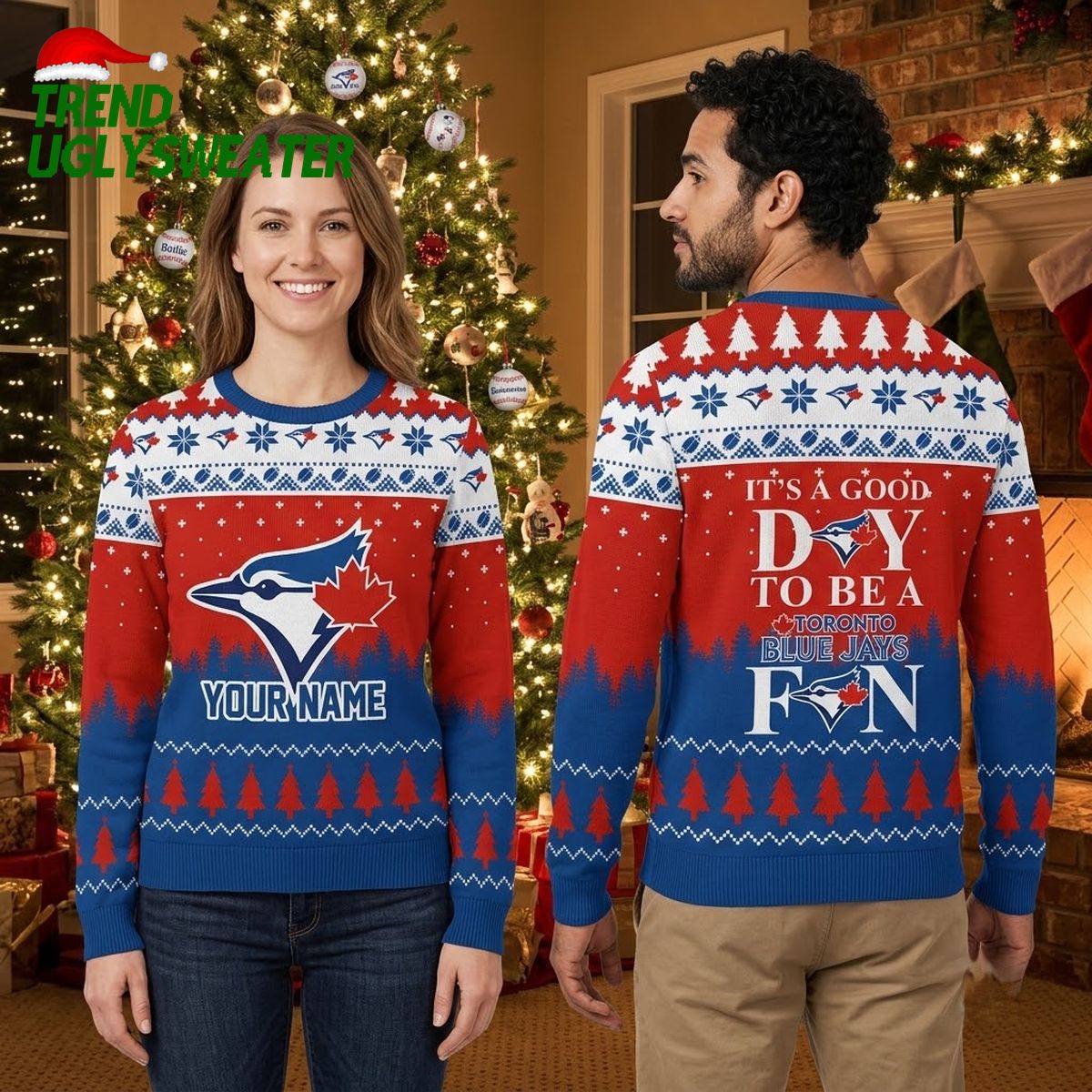personalized toronto blue jays maple leaf logo custom name ugly christmas sweater personalized toronto blue jays maple leaf logo custom name ugly christmas sweater