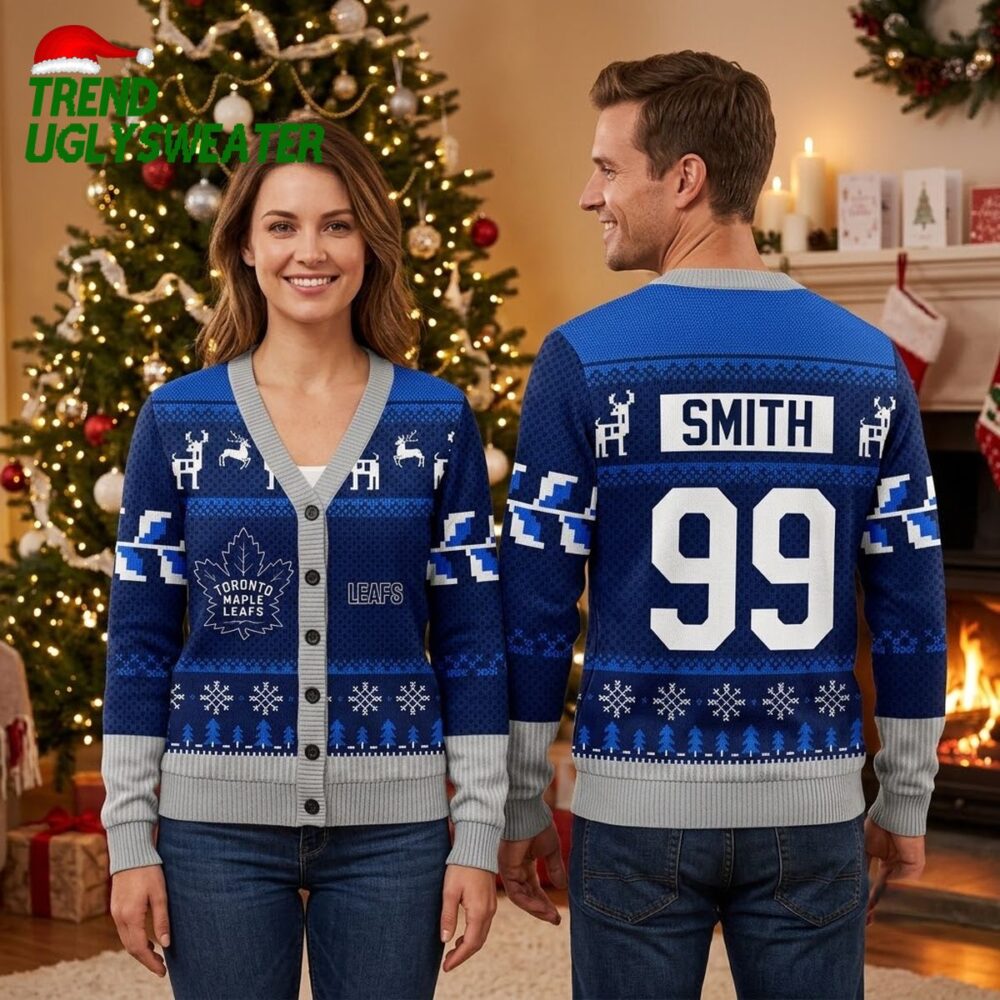 personalized toronto maple leafs reindeer pattern custom name and number blue ugly christm