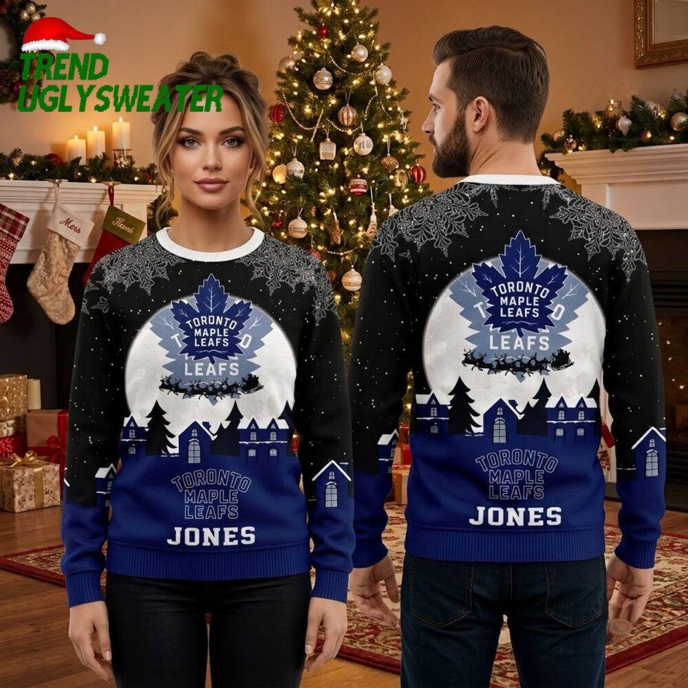 personalized toronto maple leafs santa sleigh custom name ugly christmas sweater