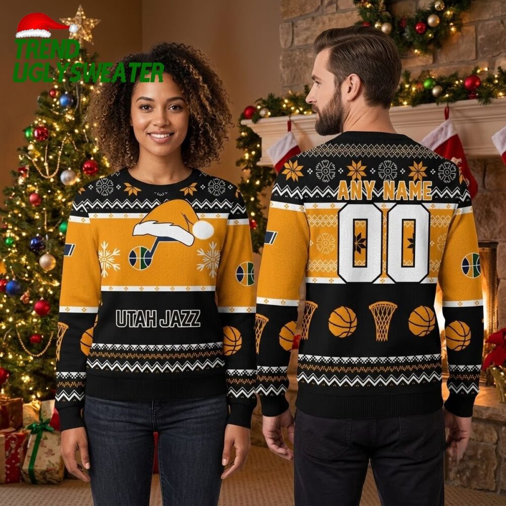 personalized utah jazz santa hat basketball custom name and number ugly christmas sweater