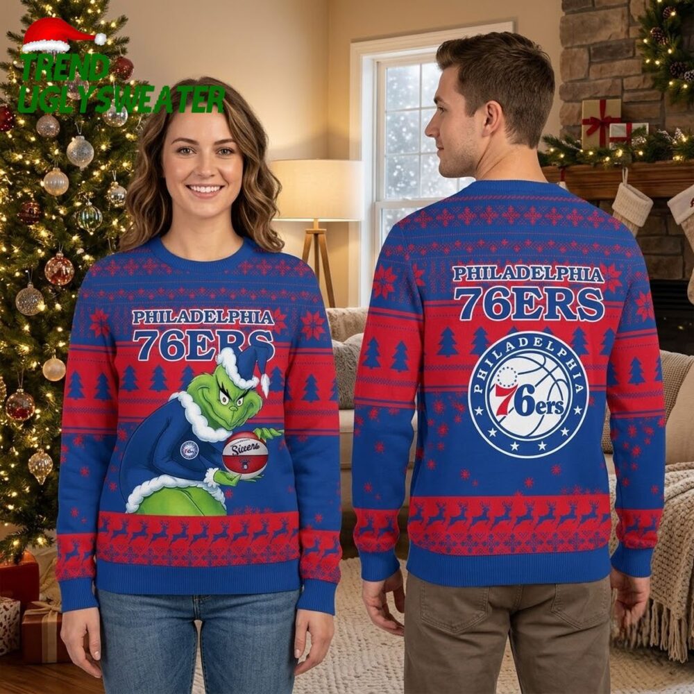philadelphia 76ers grinch playing basketball ugly christmas sweater