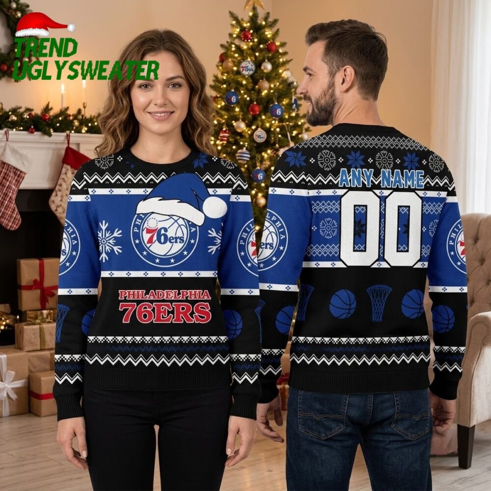 philadelphia 76ers santa hat logo custom name and number ugly christmas sweater