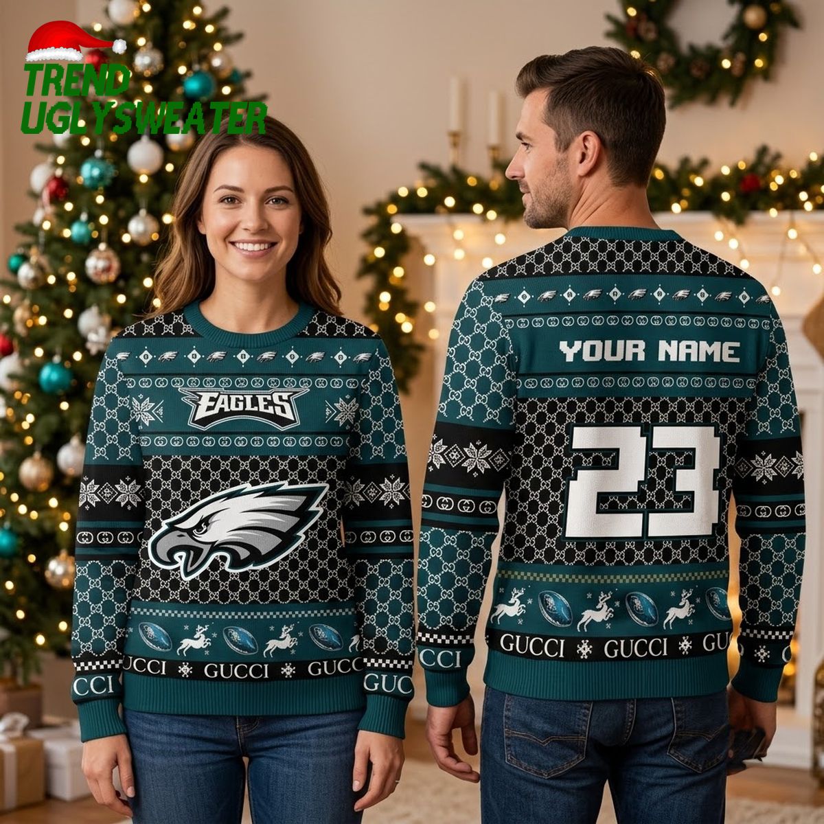 philadelphia eagles custom name number gucci style ugly christmas sweater philadelphia eagles custom name number gucci style ugly christmas sweater