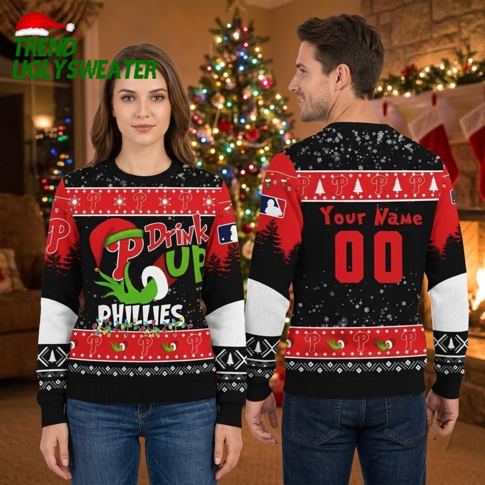 philadelphia phillies grinch drink up personalized custom name and number ugly christmas s