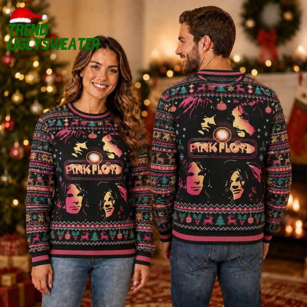 pink floyd band members portraits black knit sweater with reindeer and snowflake pattern 2