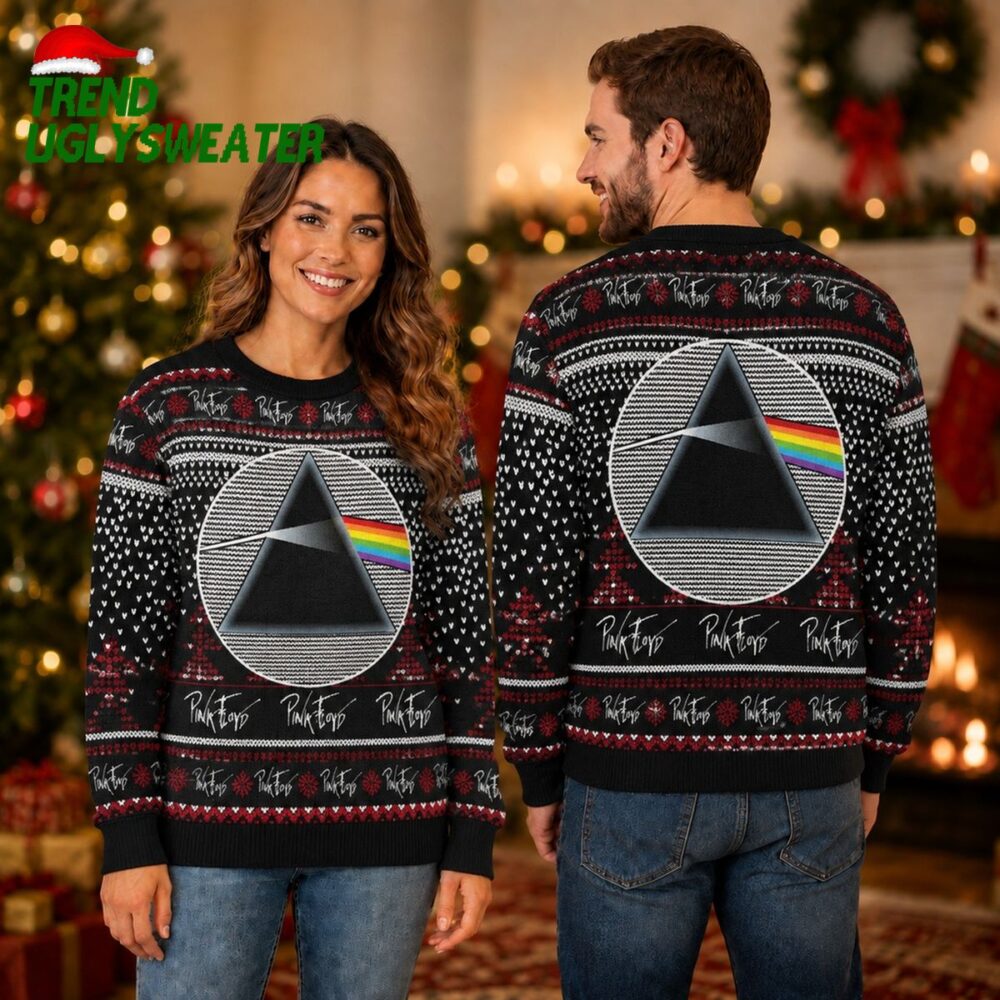 pink floyd black sweater with santa hat members and rainbow prism xmas collectors edition