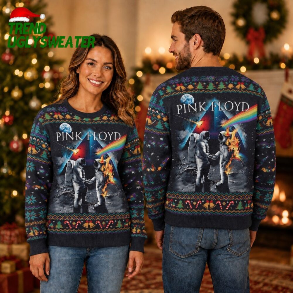 pink floyd space themed prism and astronauts pattern holiday xmas ugly christmas sweater
