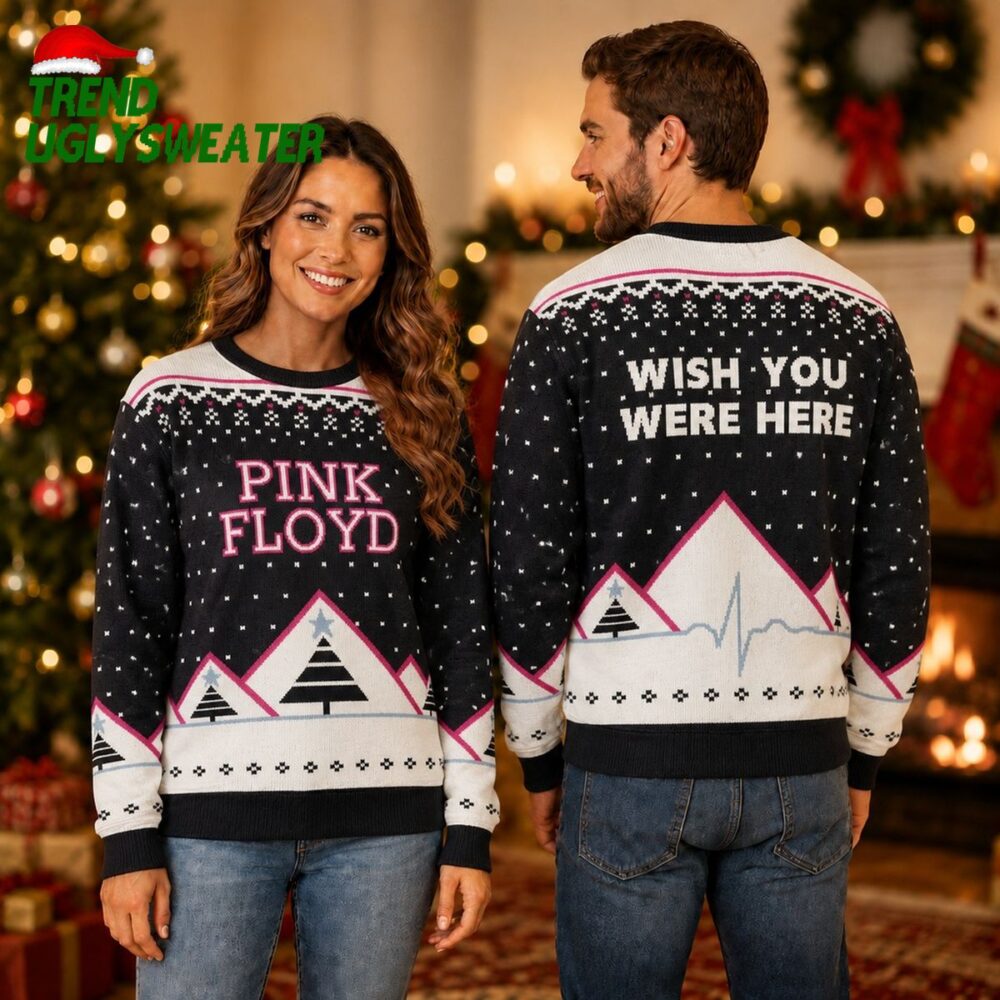 pink floyd wish you were here album theme with trees and snowflakes ugly christmas sweater
