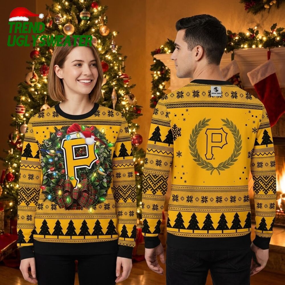 pittsburgh pirates christmas wreath and lights ugly christmas sweater