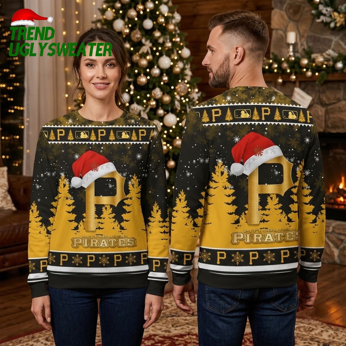 pittsburgh pirates santa hat and gold christmas trees ugly christmas sweater pittsburgh pirates santa hat and gold christmas trees ugly christmas sweater