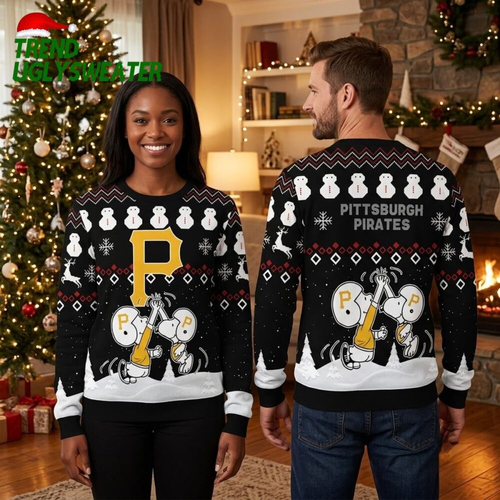 pittsburgh pirates snoopy and woodstock playing baseball snowmen ugly christmas sweater