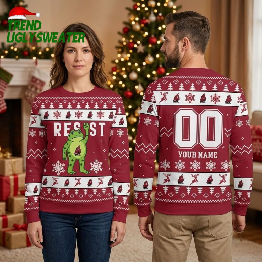 resist frog custom name and number ugly christmas sweater